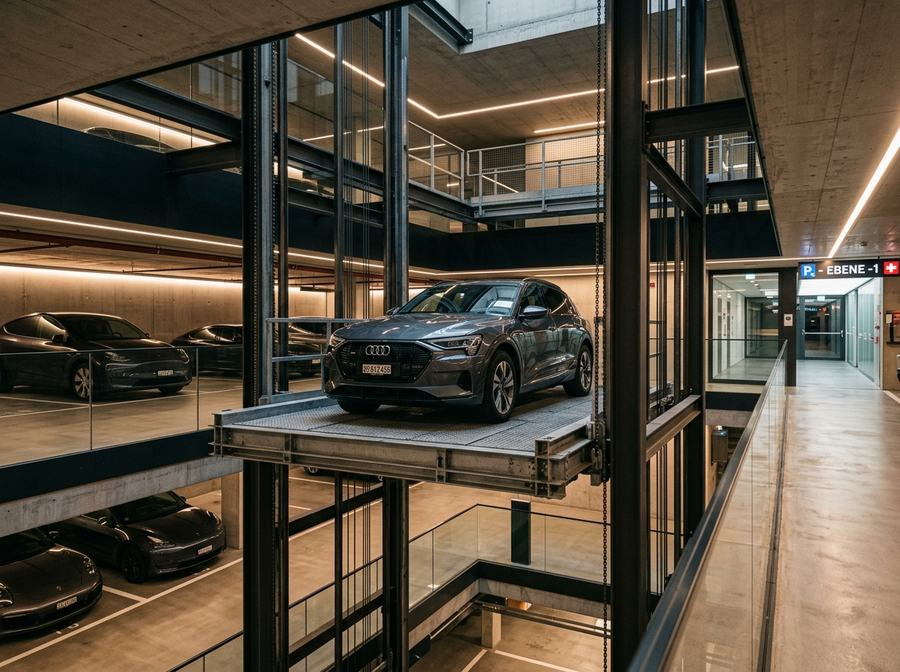 Élévateur automatisé pour véhicule dans un parking suisse à plusieurs niveaux