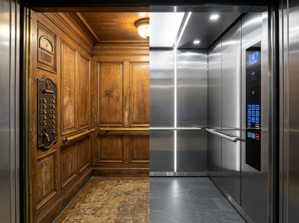 Modernisation d'ascenseur — avant/après rénovation cabine par SBS Lift