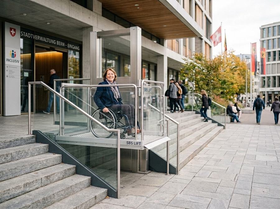 Plateforme élévatrice PMR à l'entrée d'un bâtiment public suisse, personne en fauteuil roulant