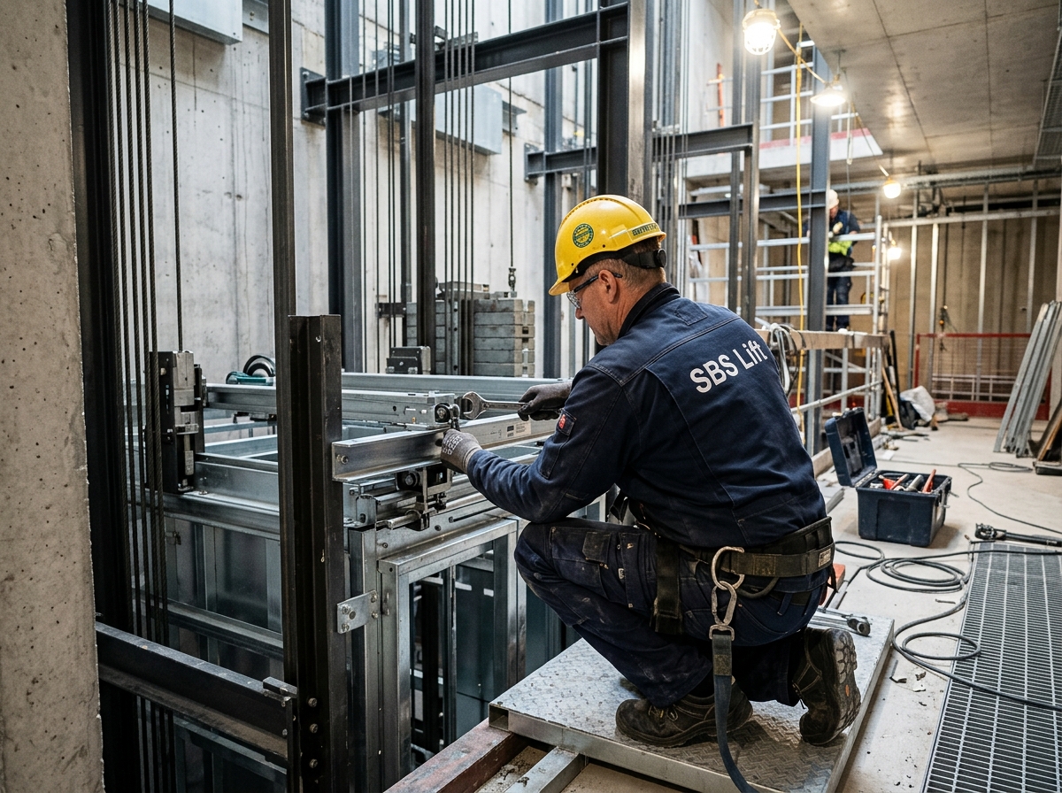 Technicien SBS Lift lors de l'installation d'un ascenseur sur chantier