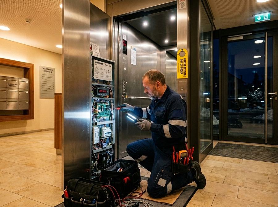 Technicien SBS Lift intervenant de nuit sur le tableau de commande d'un ascenseur en panne