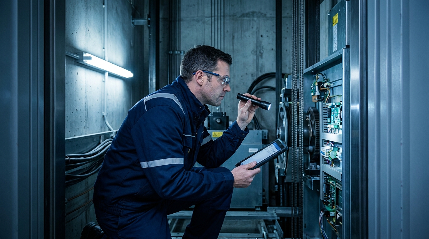 Technicien inspectant le mécanisme d'un ascenseur lors d'une maintenance préventive